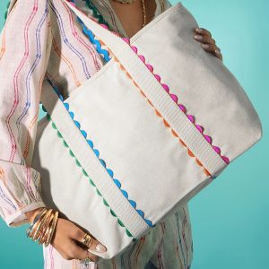 White Colorful Ricrac Detail Canvas Tote Bag
