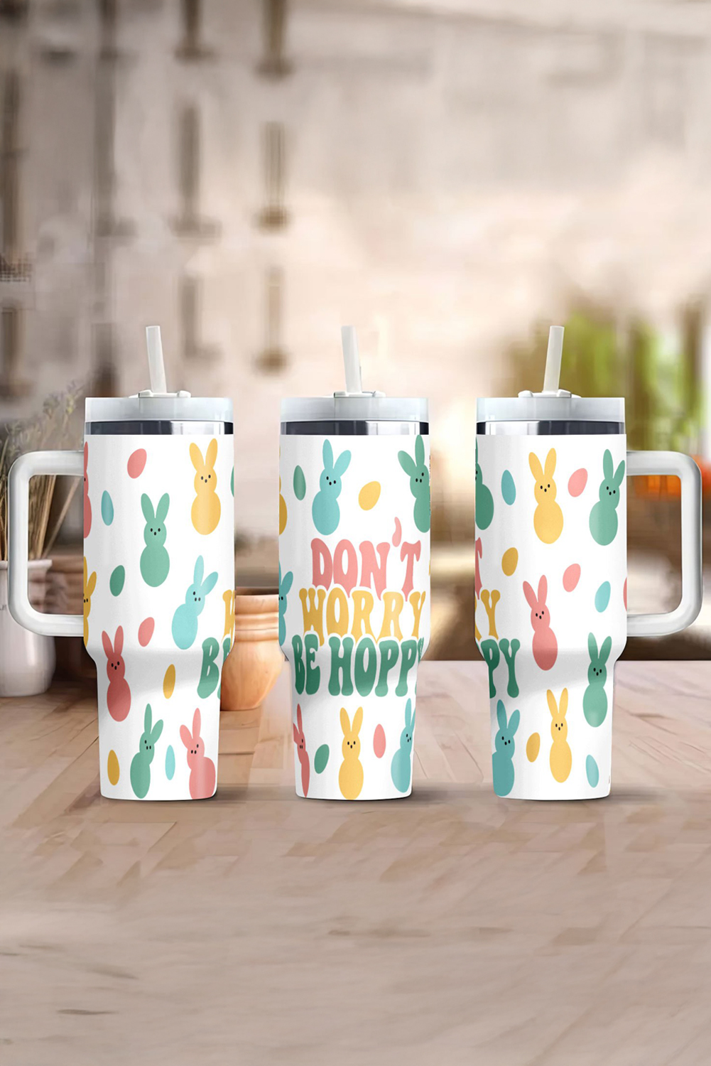 White DONT WORRY BE HOPPY Bunny Print Thermal Tumbler 40oz - Image 3