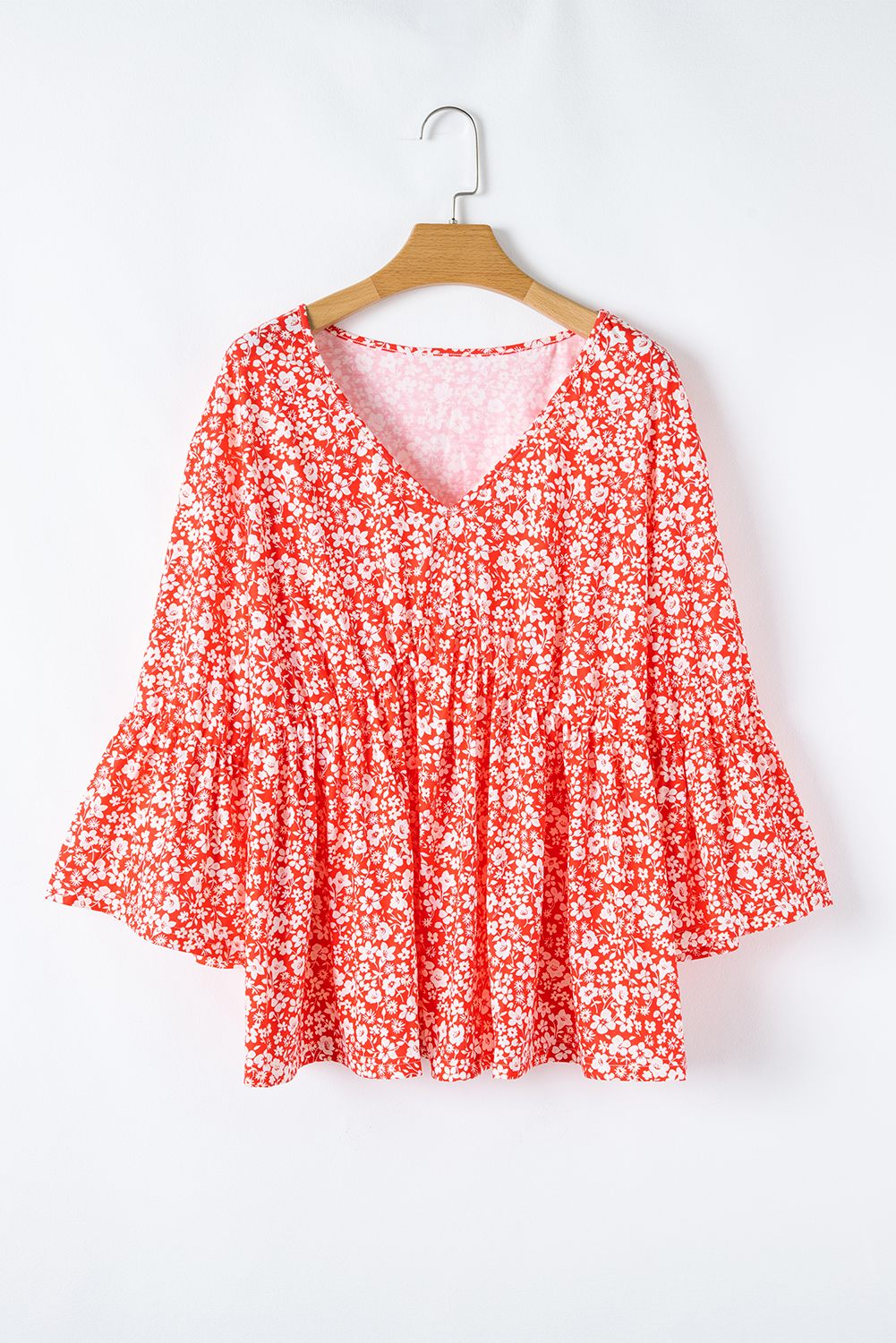 Red Plus Size Floral V Neck Flared Bracelet Sleeve Blouse - Image 8