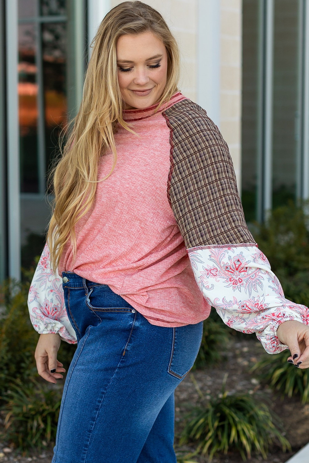 Pink Checkered Paisley Patchwork Raglan Sleeve Seamed Plus Size Top - Image 3