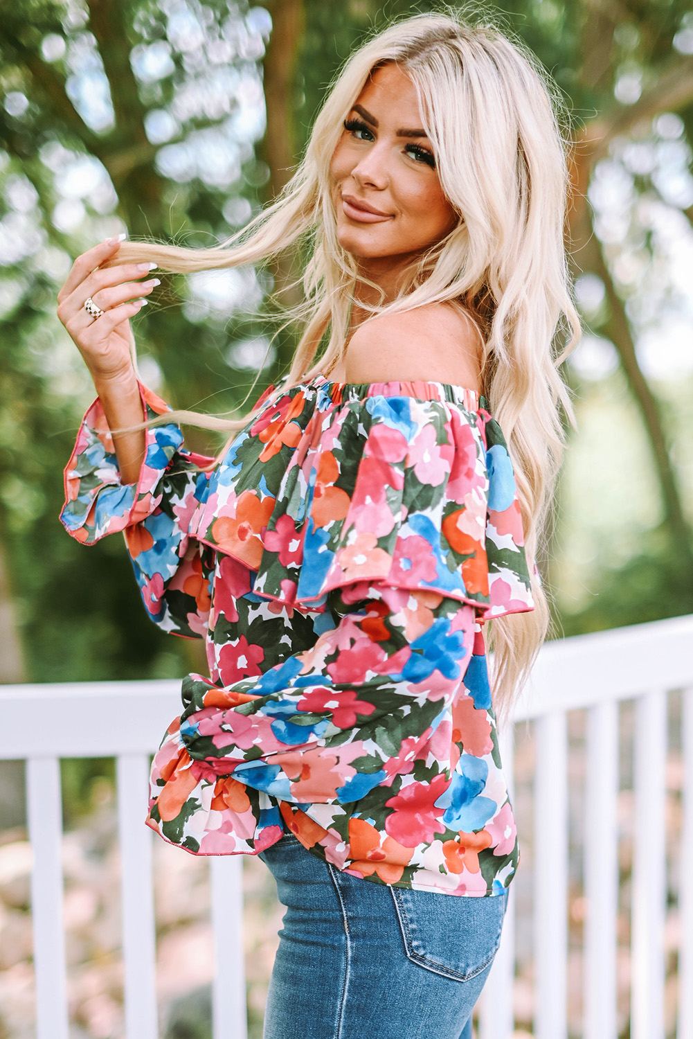 Floral Print Ruffled Off Shoulder Blouse - Image 8