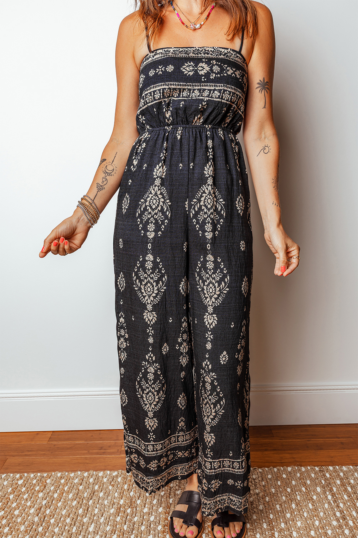 Black Spaghetti Straps Elastic Waist Loose Ethnic Print Jumpsuit - Image 5