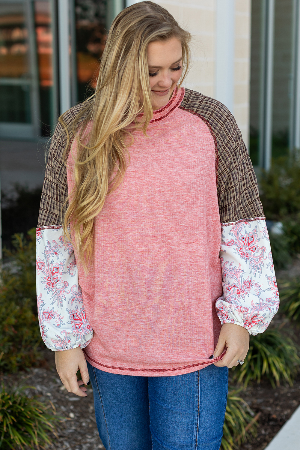 Pink Checkered Paisley Patchwork Raglan Sleeve Seamed Plus Size Top - Image 4