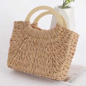 Camel Retro Straw Woven Handle Bag