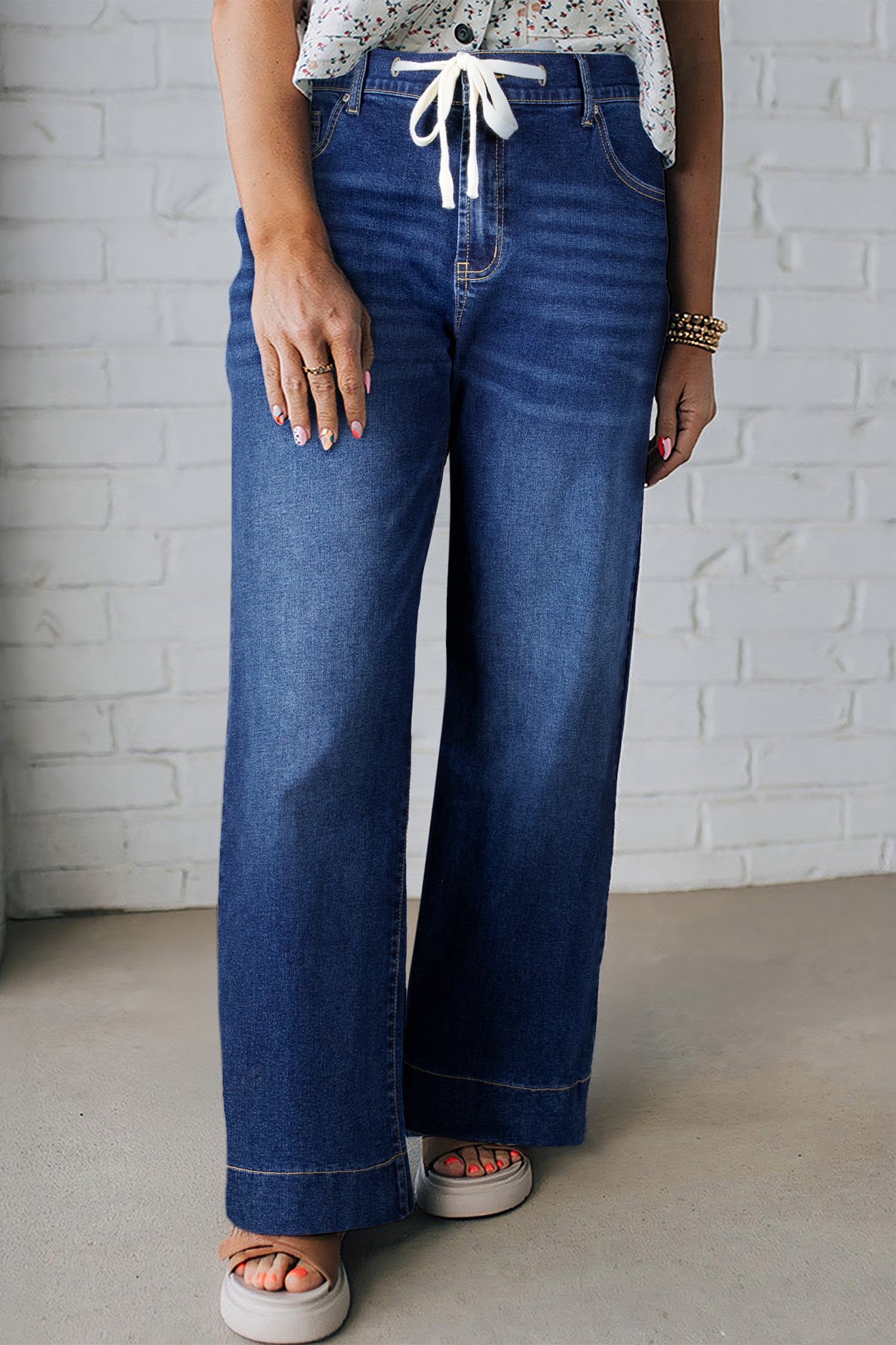 Dark Blue Acid Wash Contrast Lace-up Plus Size Jeans - Image 7