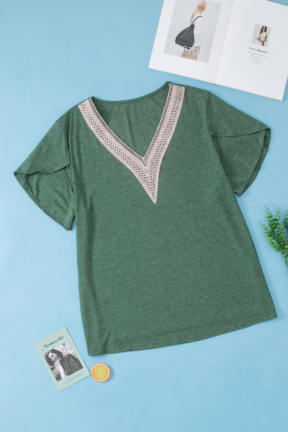 Blackish Green Plus Size Embroidery V Neck Draped Sleeve Blouse - Image 8