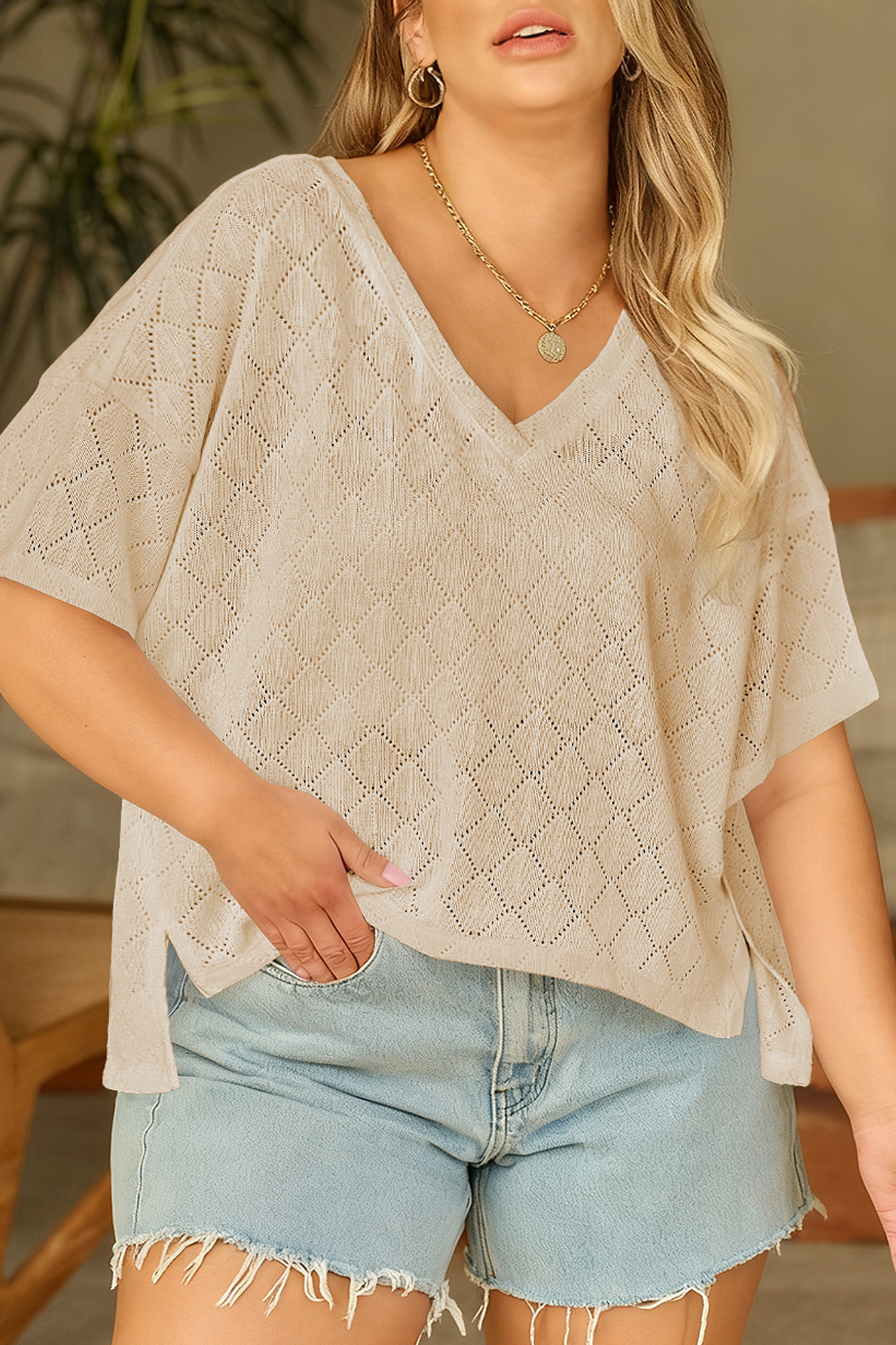 White Pointelle Rhombus Knit Plus Size V Neck Loose Top - Image 7