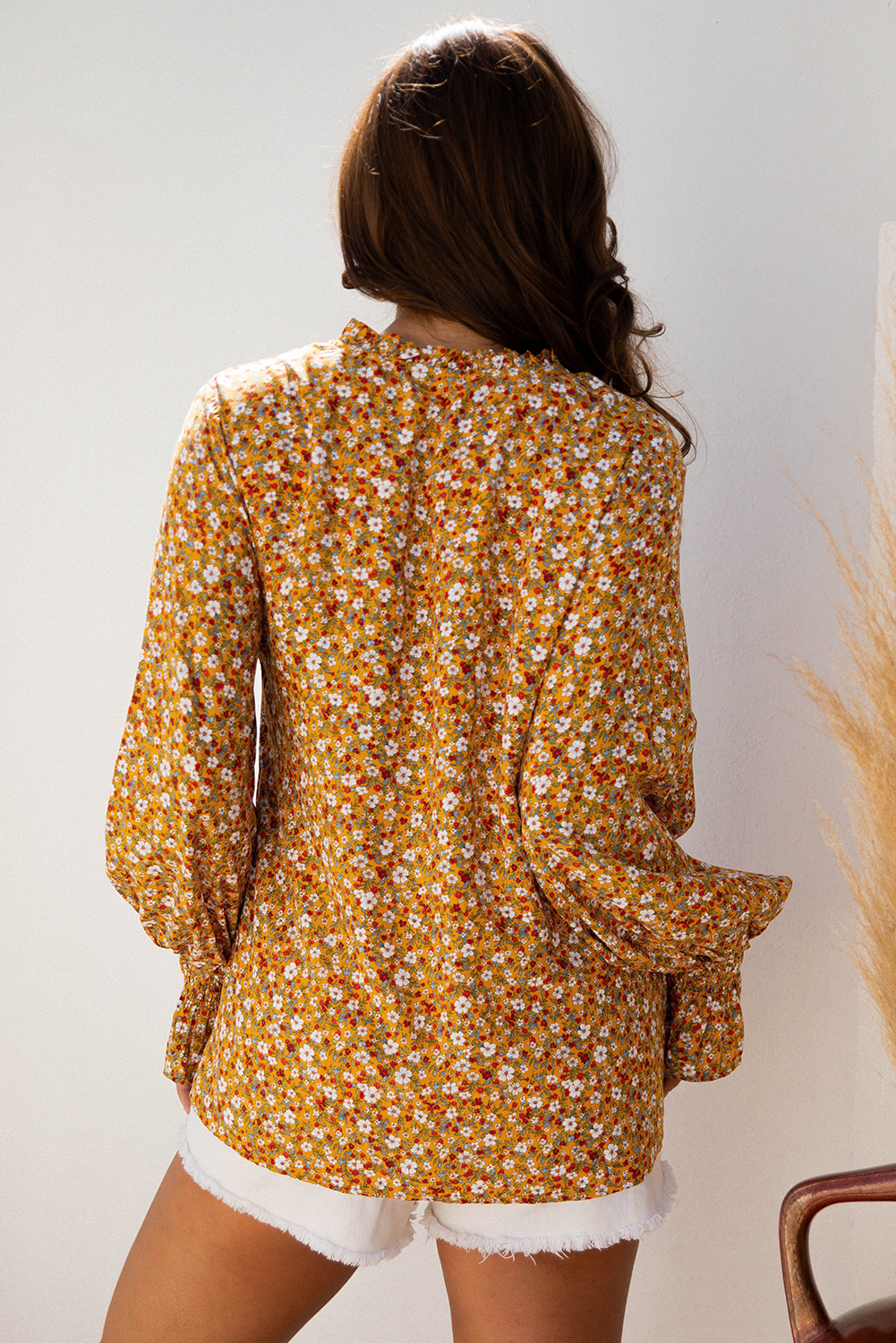 Orange Boho Floral Ruffled Bubble Sleeve V Neck Fall Blouse - Image 2
