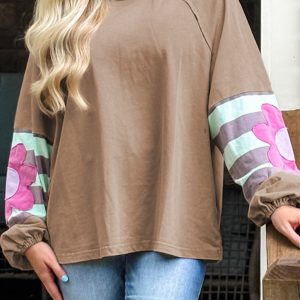 Light French Beige Plus Size Flower Striped Patchwork Puff Sleeve Loose Sweatshirt
