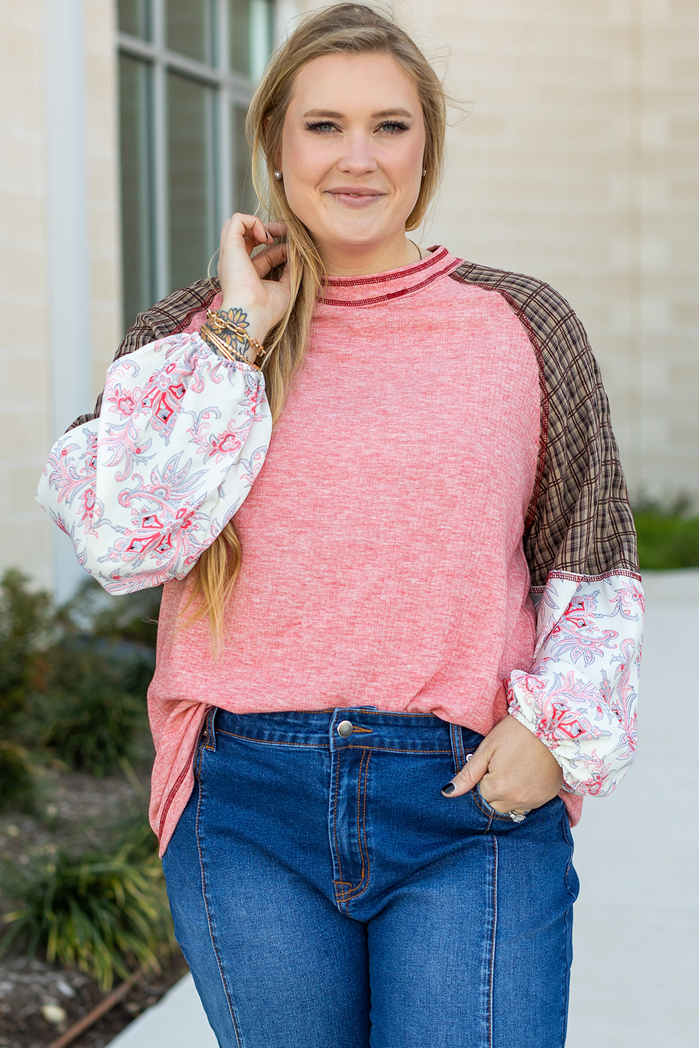 Pink Checkered Paisley Patchwork Raglan Sleeve Seamed Plus Size Top - Image 6