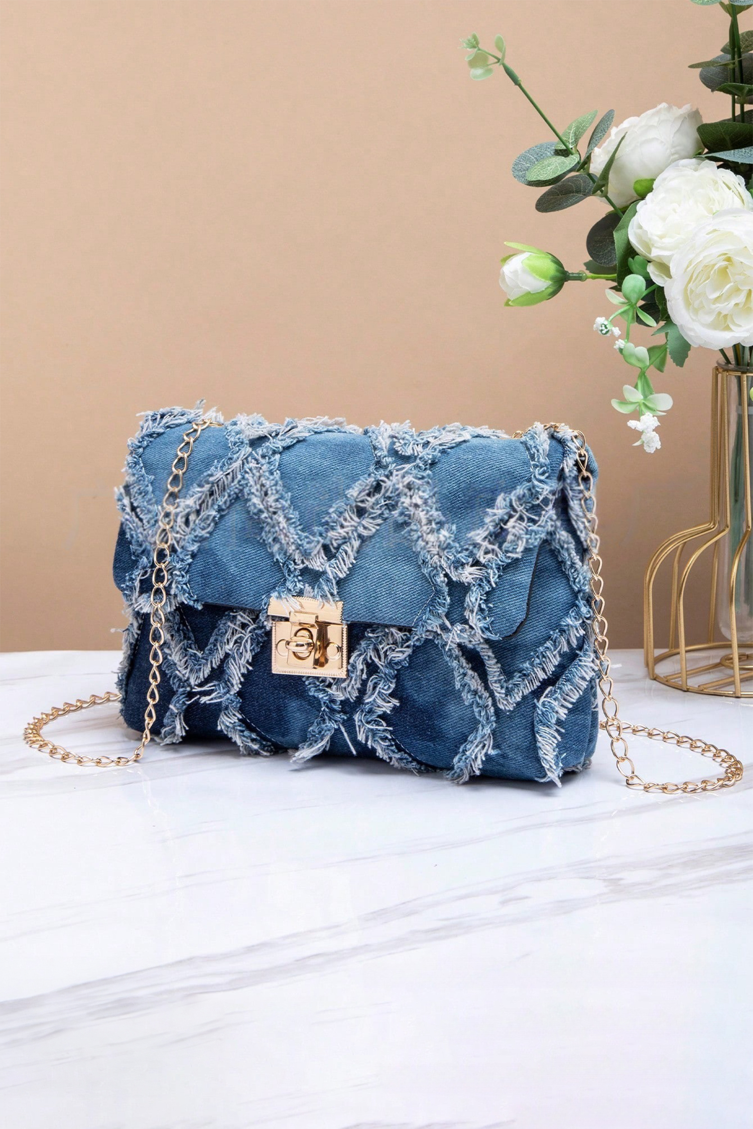 Blue Distressed Lattice Denim Chain Strap Shoulder Bag - Image 4