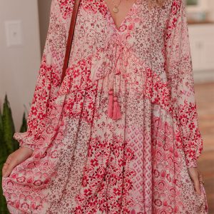 Pink Bohemian Floral Print Tassel Tie Long Sleeve Flowy Mini Dress