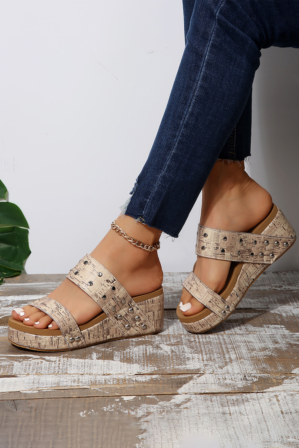 Camel Rivet Double Straps Wedge Slippers - Image 5