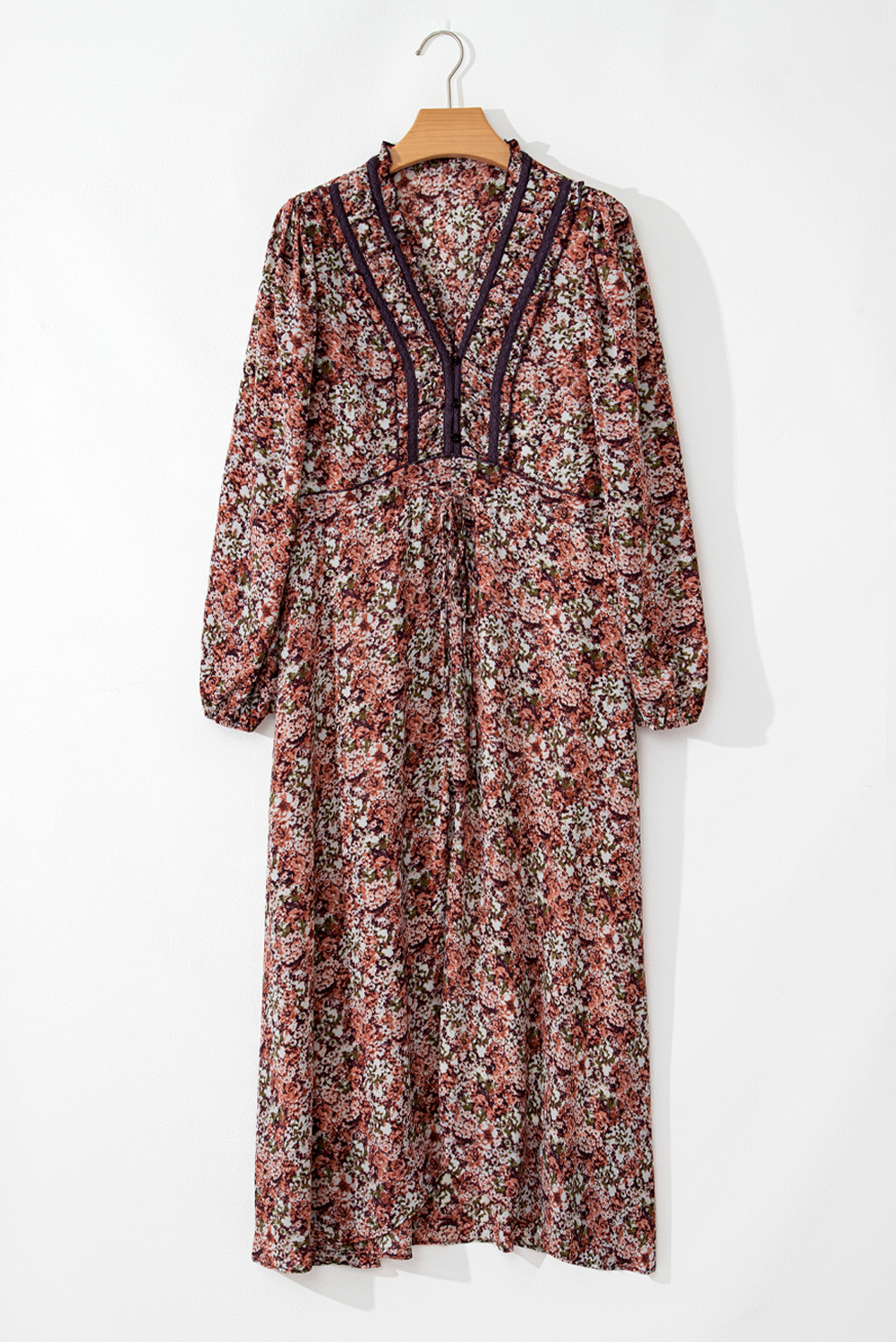 Brown Floral Print Split Front Tiered Frilled V Neck Midi Dress - Image 4
