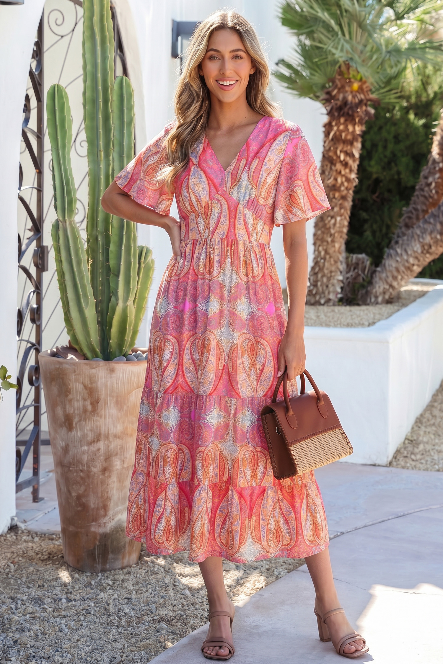 Multicolour Paisley Print V-Neck Short Sleeve Boho Maxi Dress with Ruffle Details - Image 5