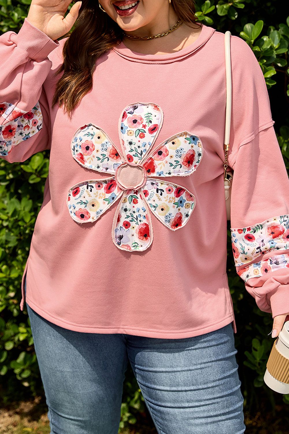 Peach Blossom Plus Size Floral Applique Drop Shoulder Sweatshirt - Image 7