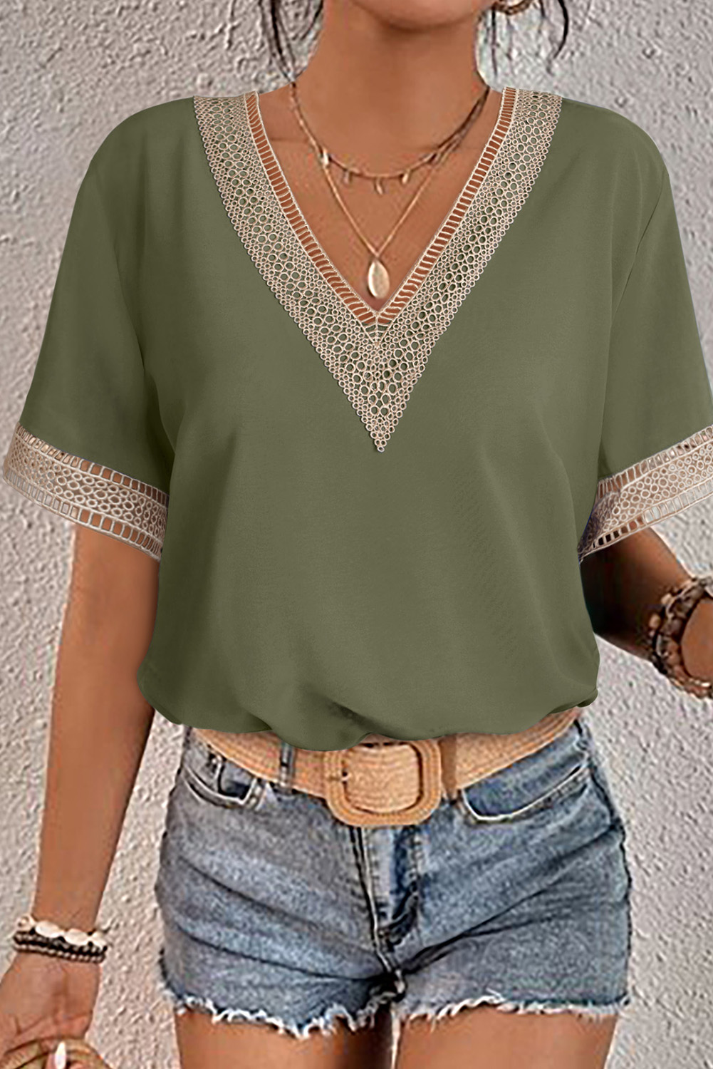 Black Lace Trim V Neck Short Sleeve Blouse - Image 7
