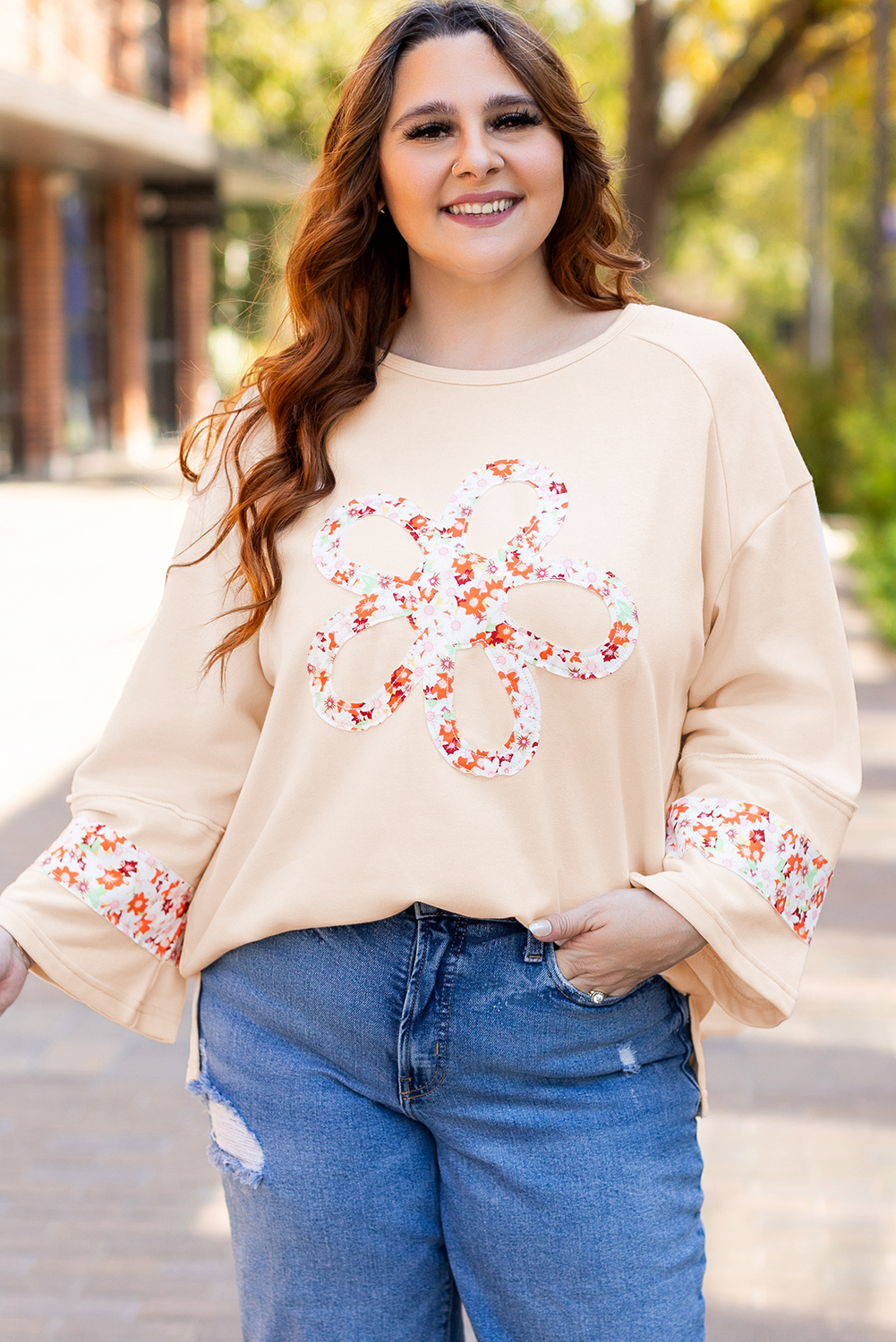 Beige Plus Size Flower Patched Side Slits Crewneck Top - Image 5