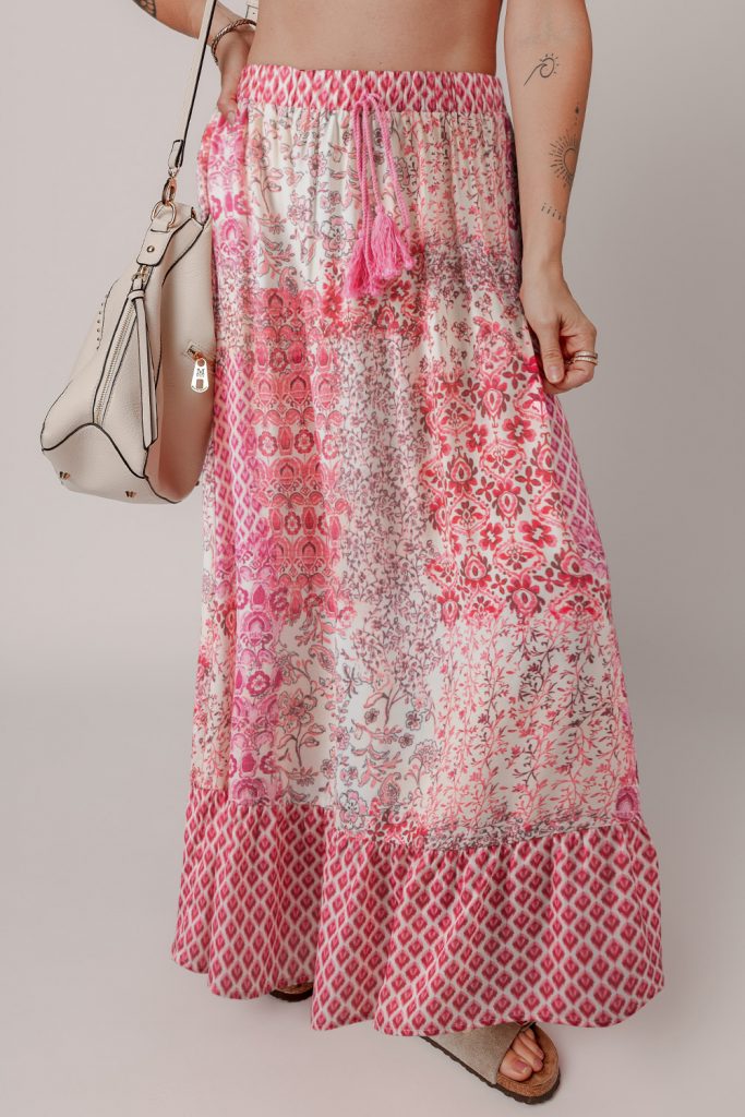 Red Boho Pattern Print Tassel Drawstring Elastic Waistband Maxi Skirt
