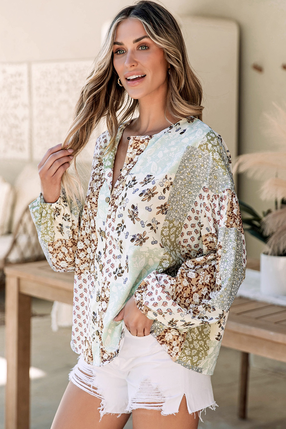 Multicolor Floral Patchwork Print Long Puff Sleeve Shirt - Image 3
