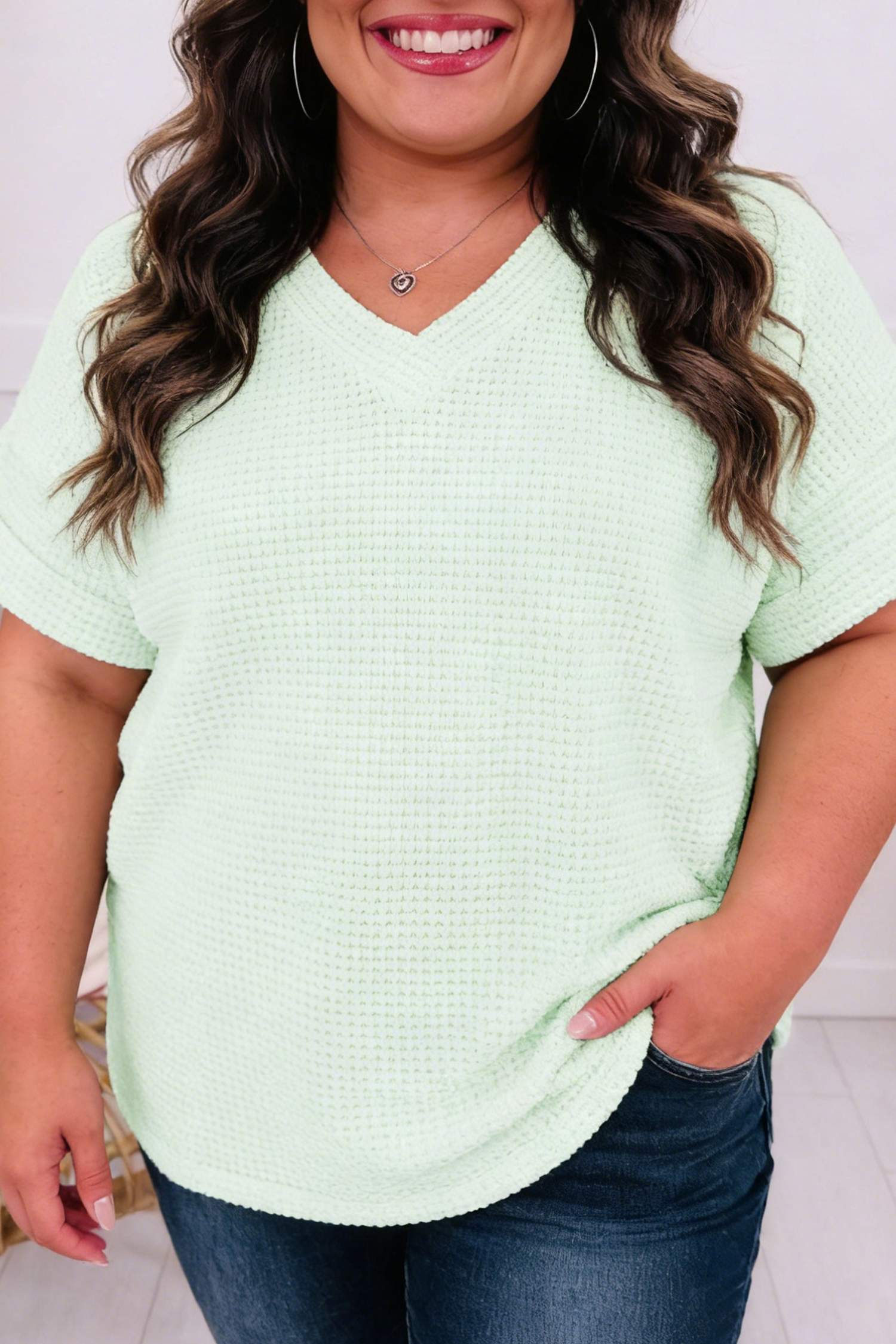 Wisteria V Neck Short Sleeve Plus Size Waffle Knit Top - Image 11