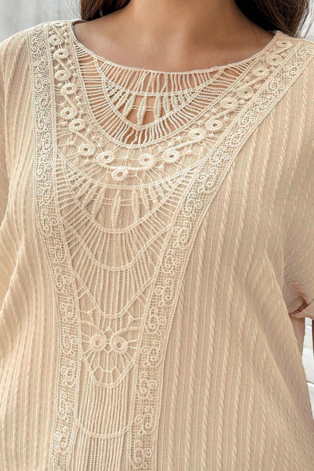 Beige Lace Crochet Patched Cable Textured Cuffed Short Sleeve Plus Size Top - Image 6