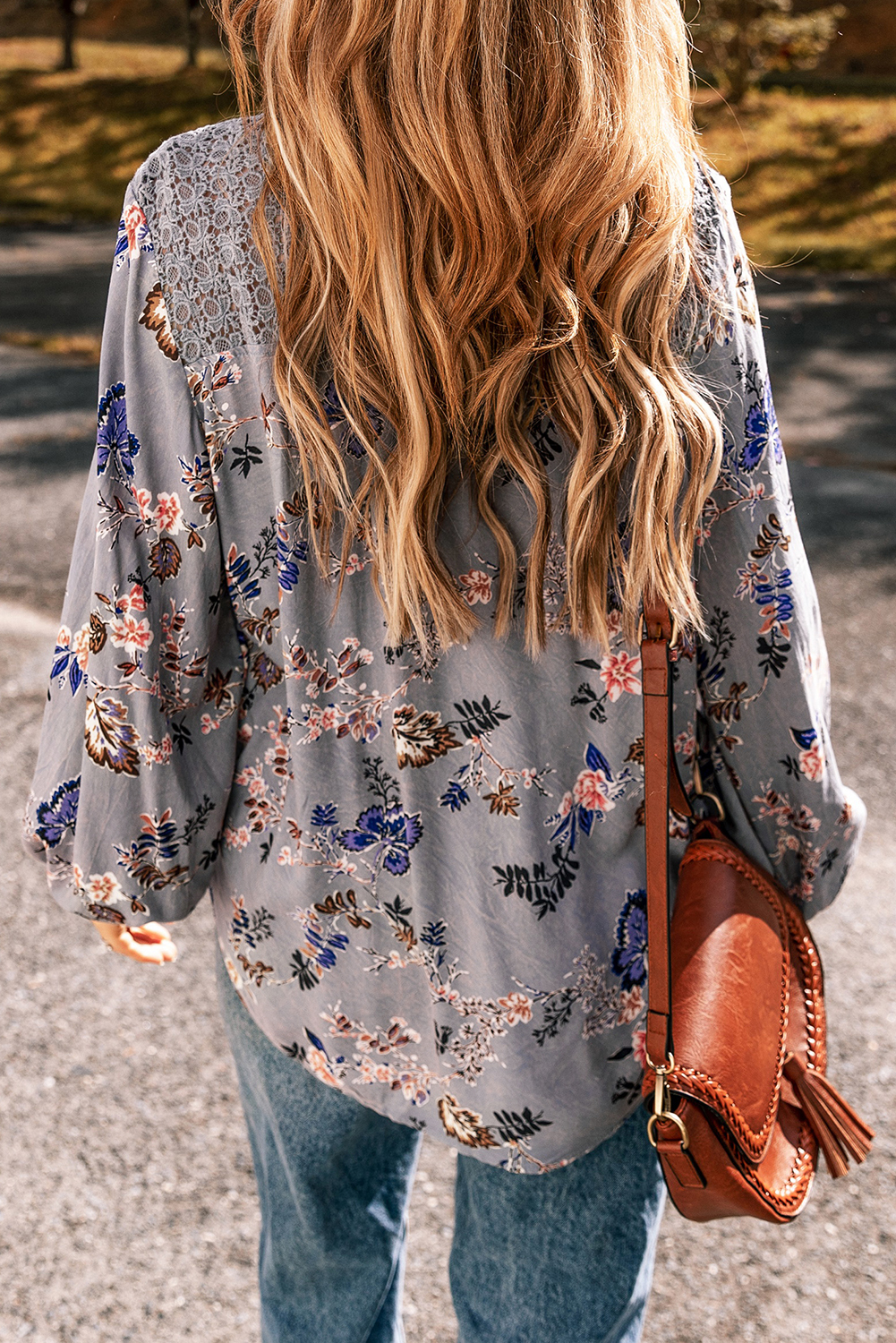 Sky Blue Floral Print Lace Patchwork Knot Front V Neck Blouse - Image 2