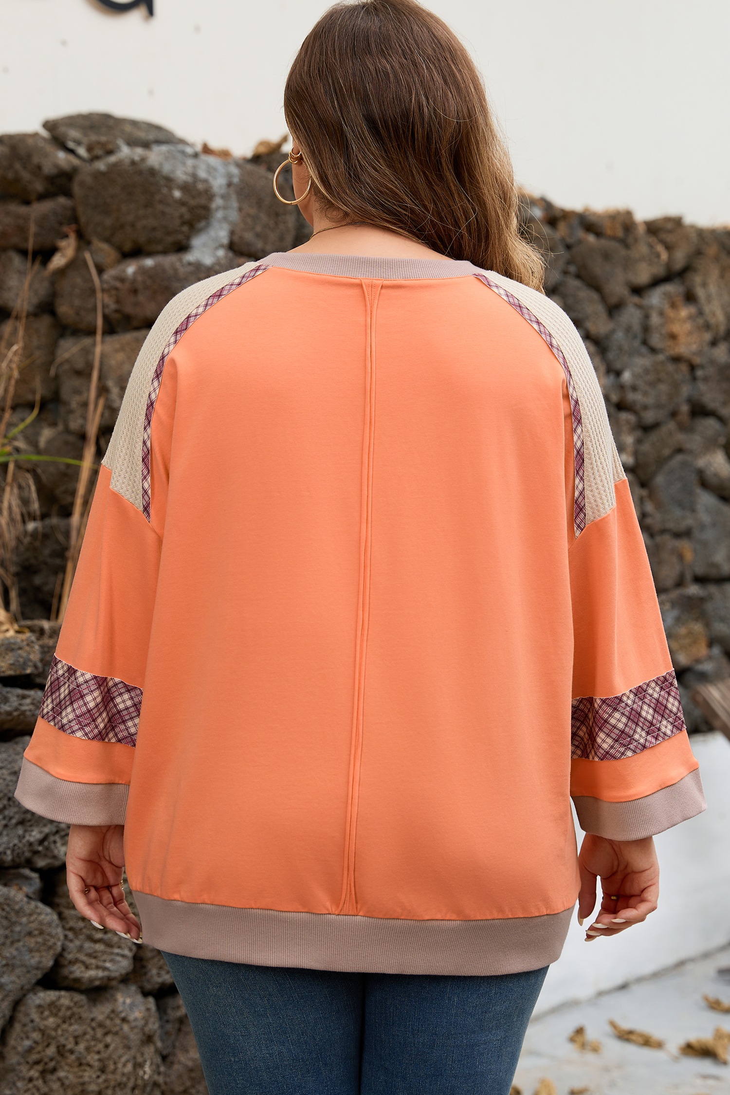 Grapefruit Orange Plaid Flower Waffle Patched Plus Size 3/4 Sleeve Top - Image 2