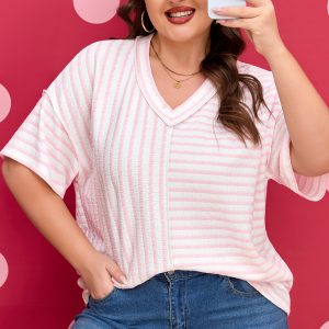 Pink Stripe Plus Size V Neck Exposed Seam Patchwork T Shirt