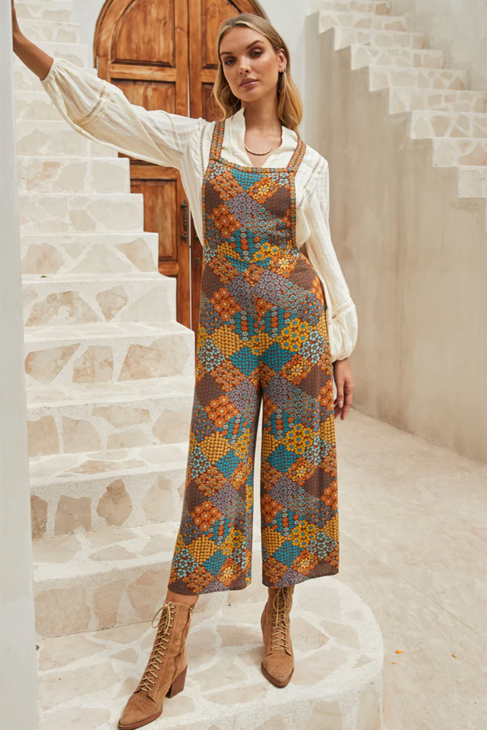 Multicolour Boho Floral Print Crossed Straps Ankle-length Jumpsuit - Image 5