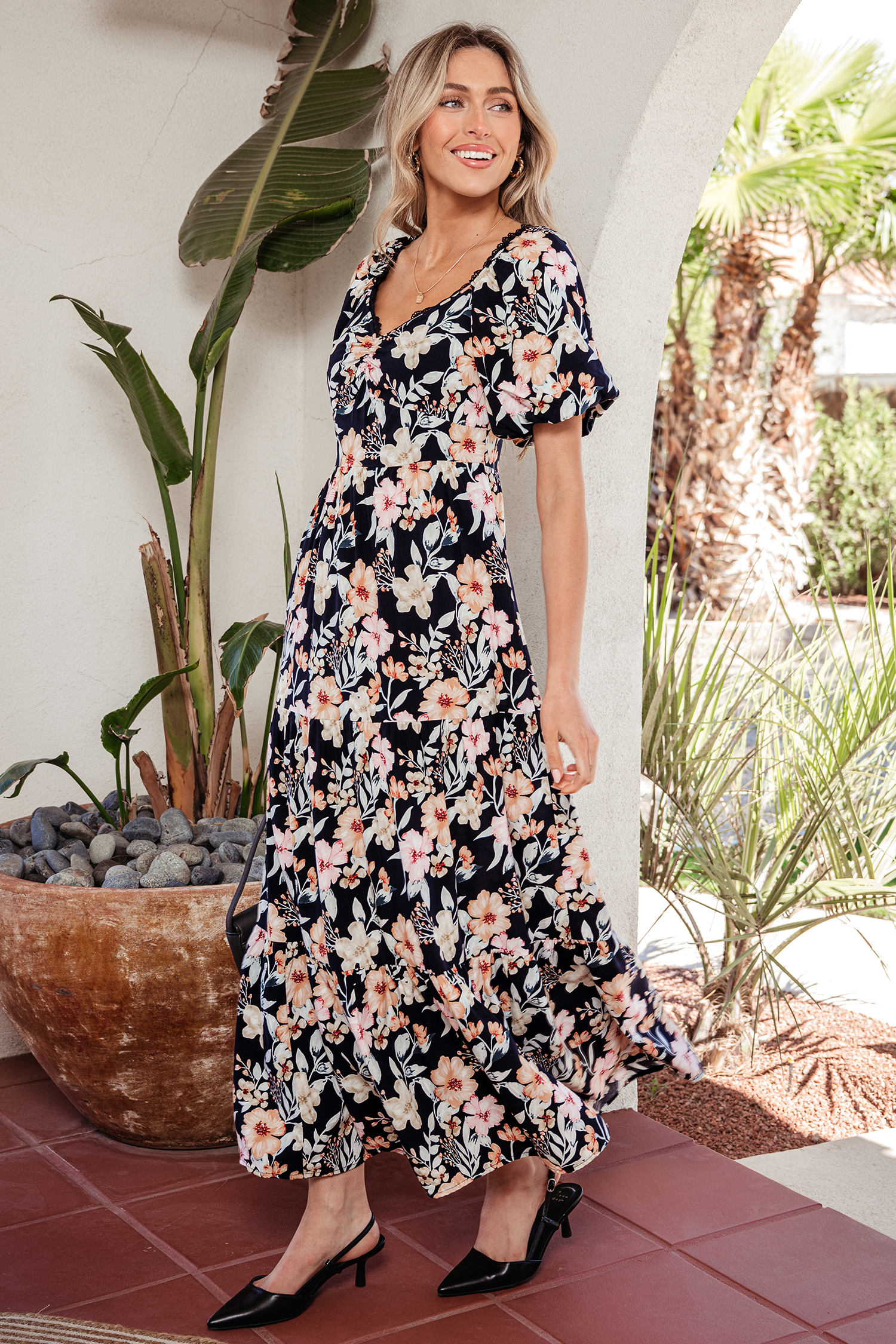 Blue Short Sleeve Smocked Detail High Waist Floral Maxi Dress - Image 5