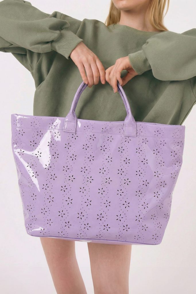 Orchid Eyelet Flower Pattern PVC Glossy Waterproof Tote Bag