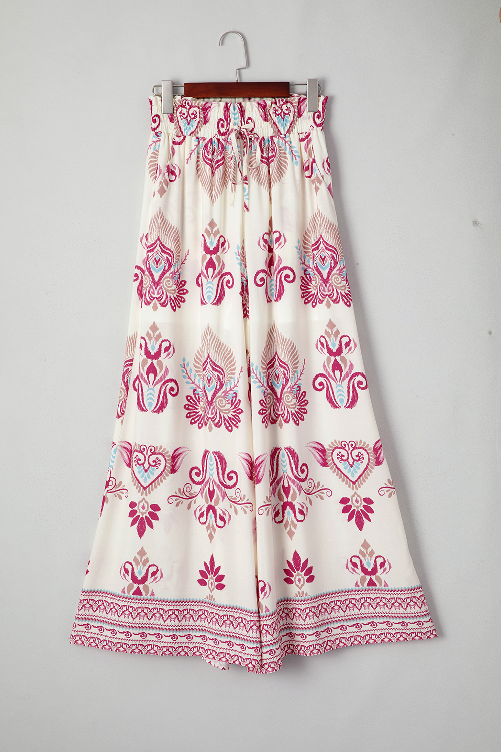 Rose Boho Printed Shirred High Waist Flowy Wide Leg Pants - Image 7