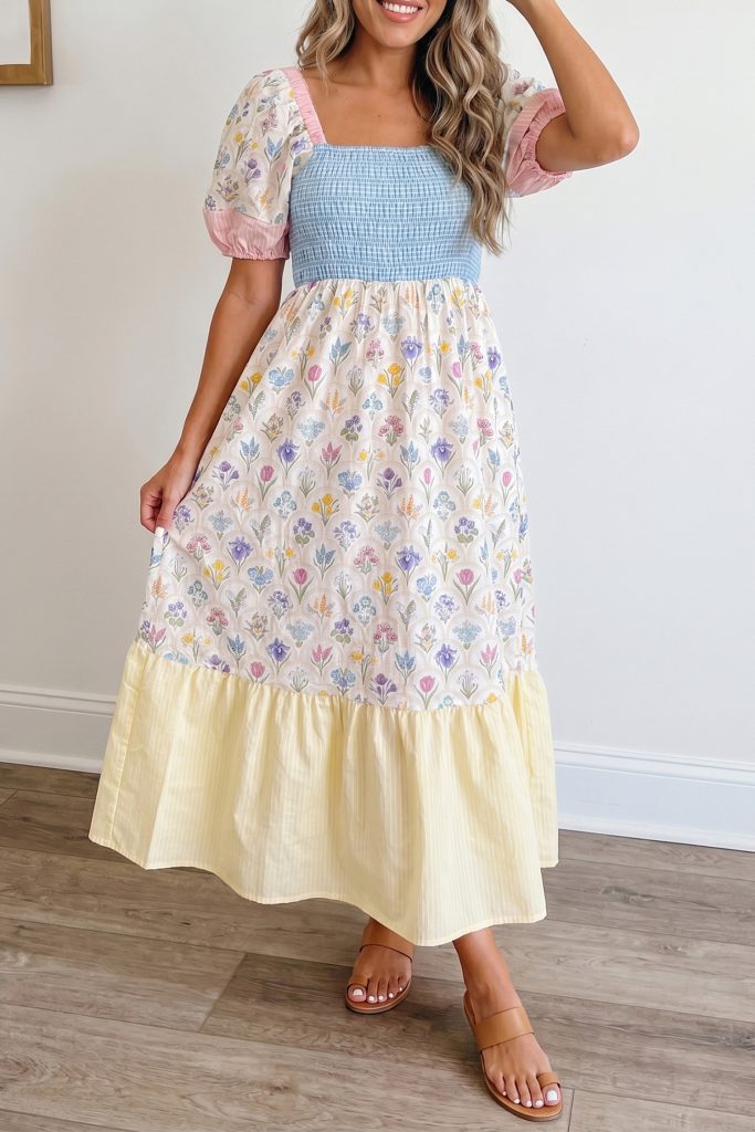 Multicolour Floral Print Striped Color Block Patchwork Square Neck Shirred Long Dress