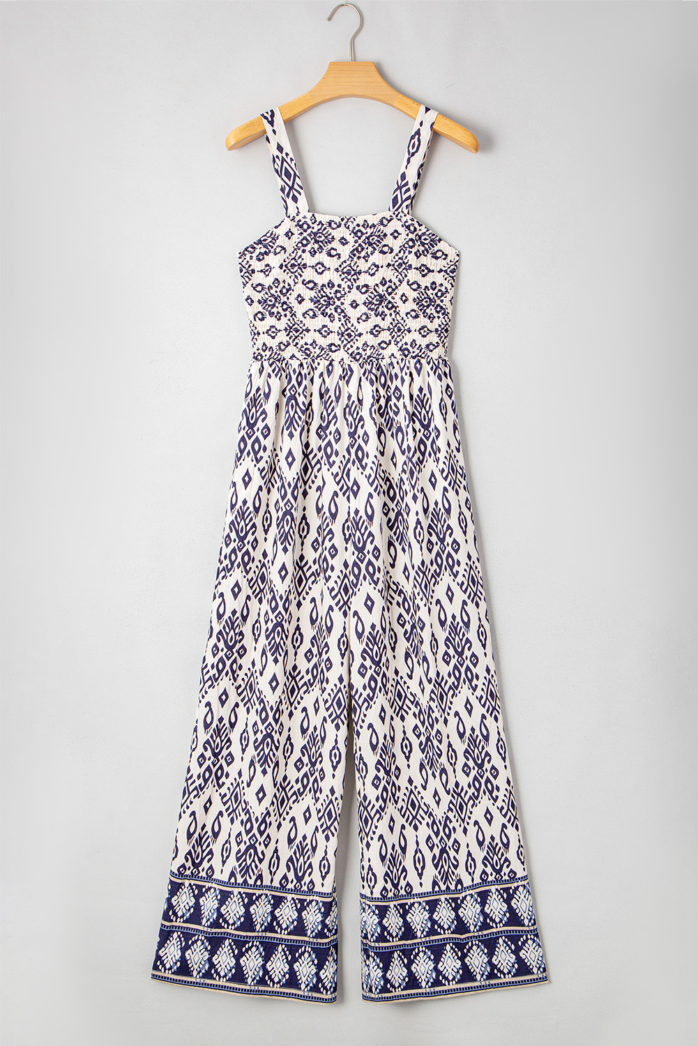 Blue Boho Geometric Print Shirred High Waist Wide Leg Jumpsuit - Image 8