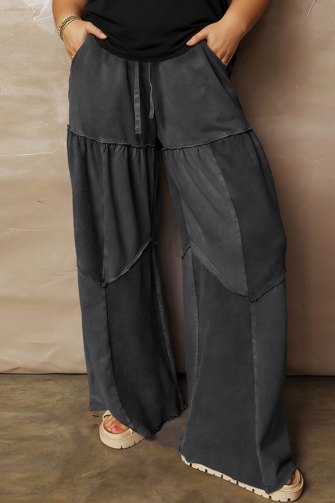 Black Plus Size Mineral Wash Exposed Seam Patchwork Drawstring Loose Pants