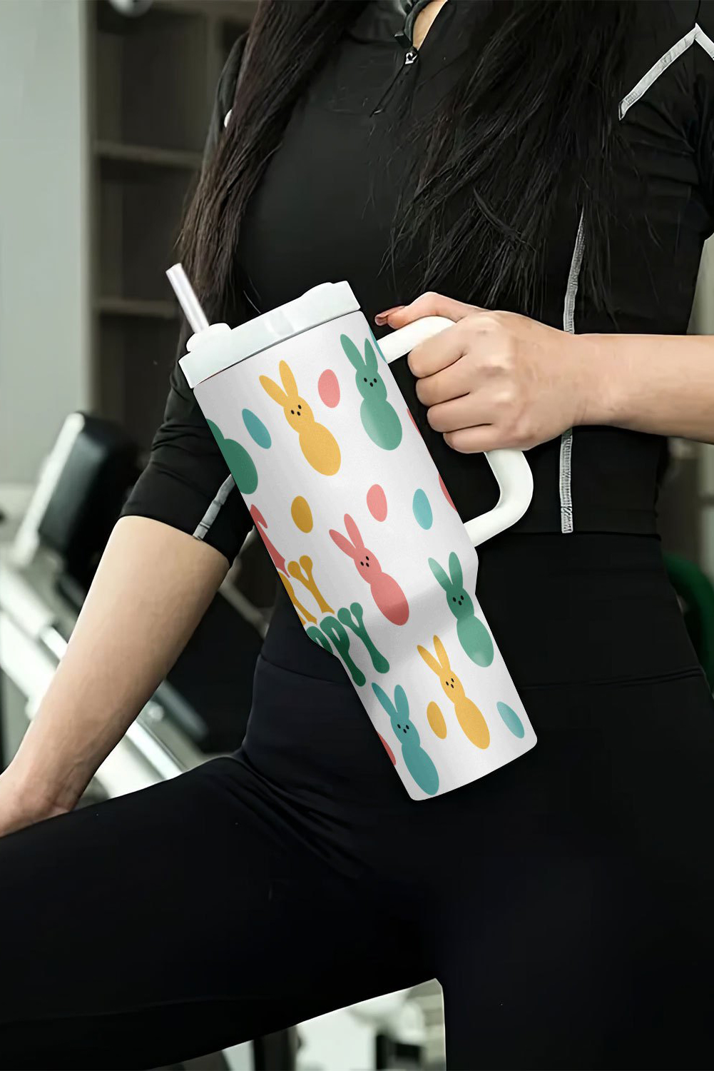 White DONT WORRY BE HOPPY Bunny Print Thermal Tumbler 40oz - Image 6