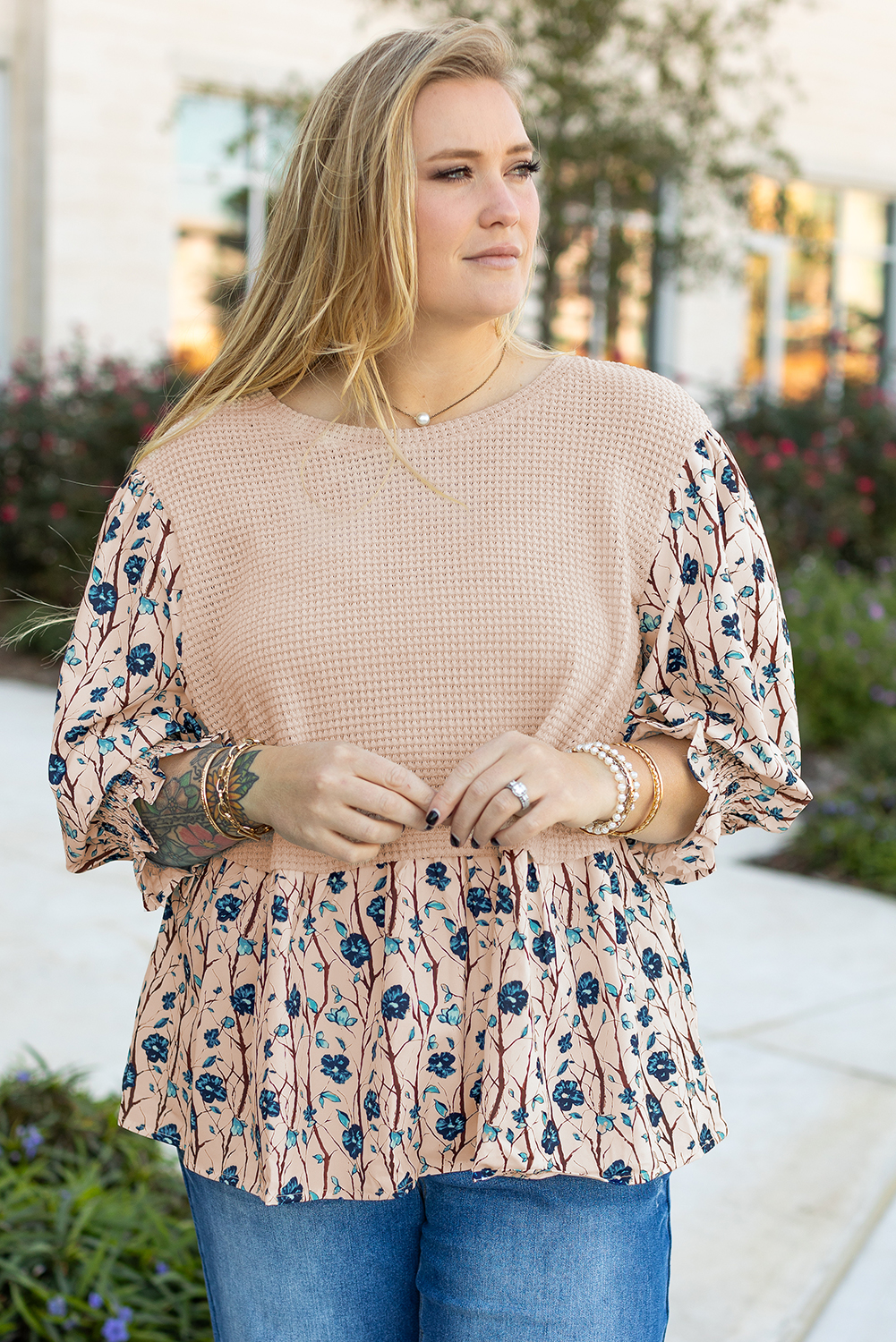 Beige Faux Two Piece Knit Patchwork Floral Print Plus Size Top - Image 4