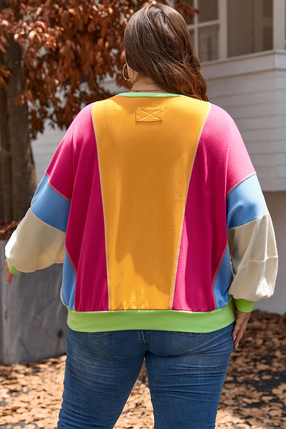 Rose Red Plus Size Colorblock Patchwork Exposed Seam Sweatshirt - Image 7