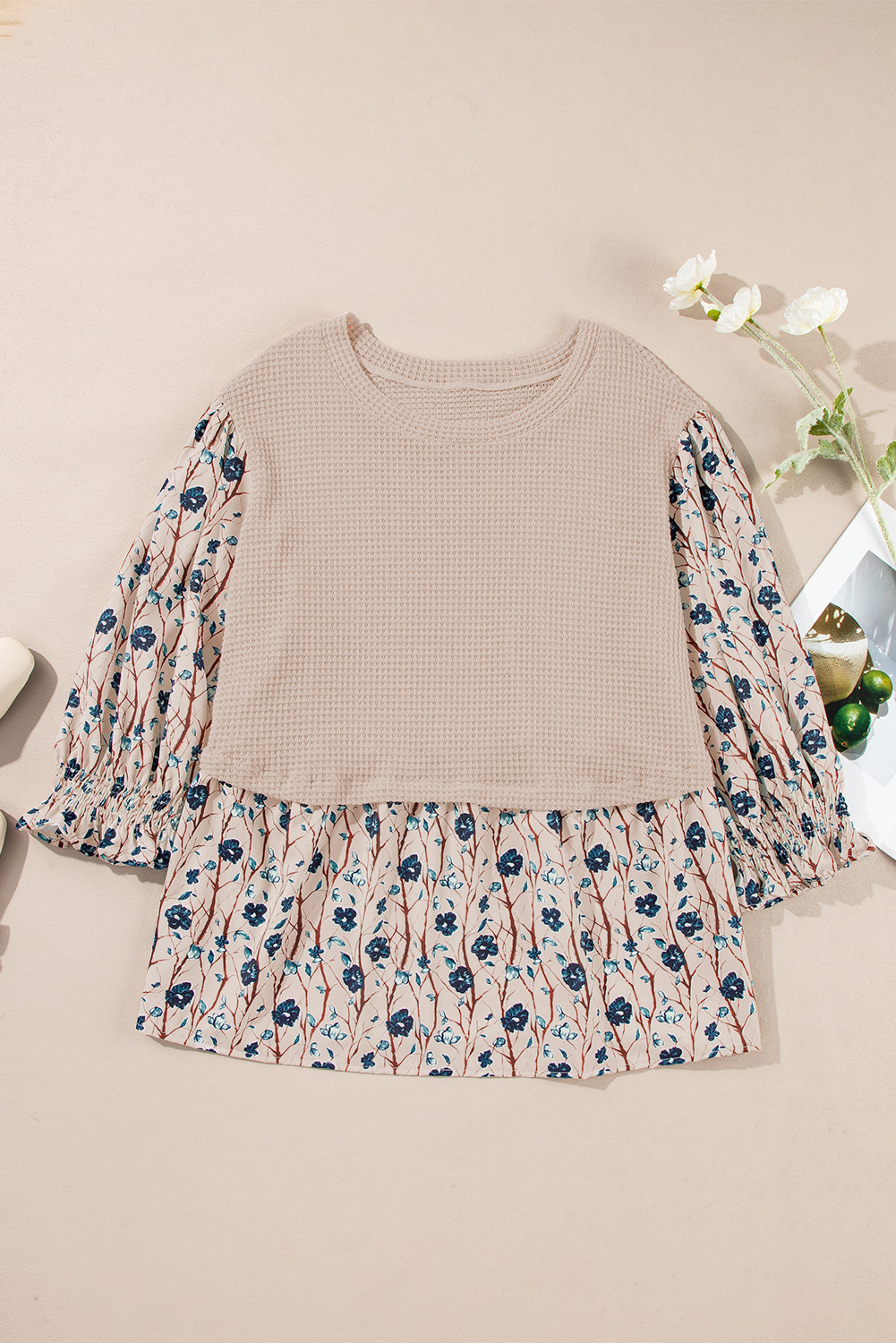 Beige Faux Two Piece Knit Patchwork Floral Print Plus Size Top - Image 8