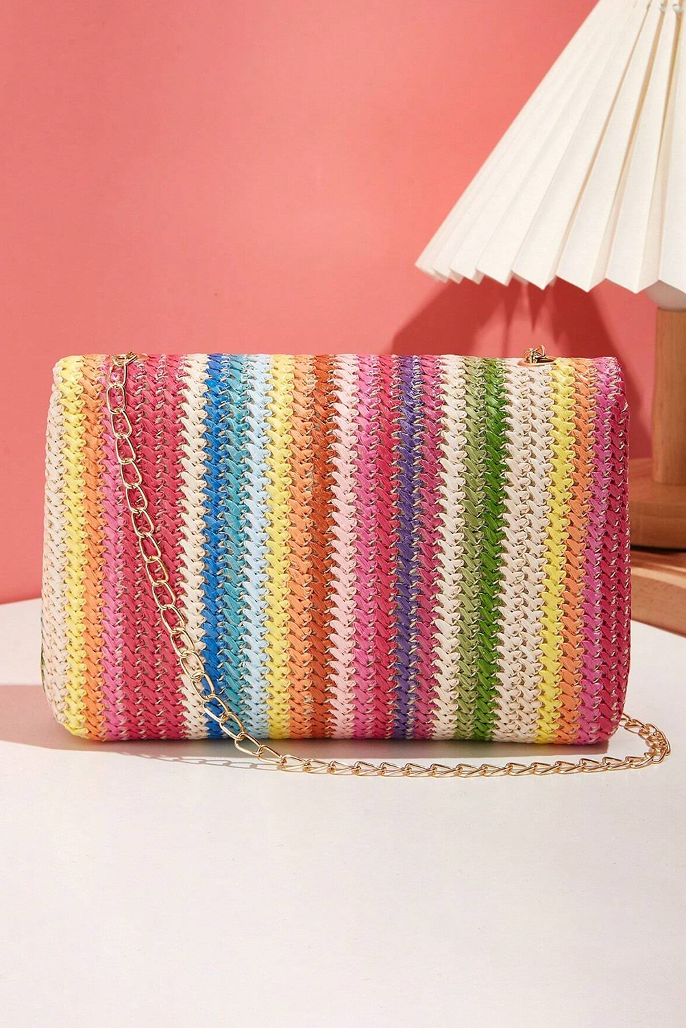 Strawberry Pink Bohemian Woven Gold Chain Shoulder Bag - Image 5