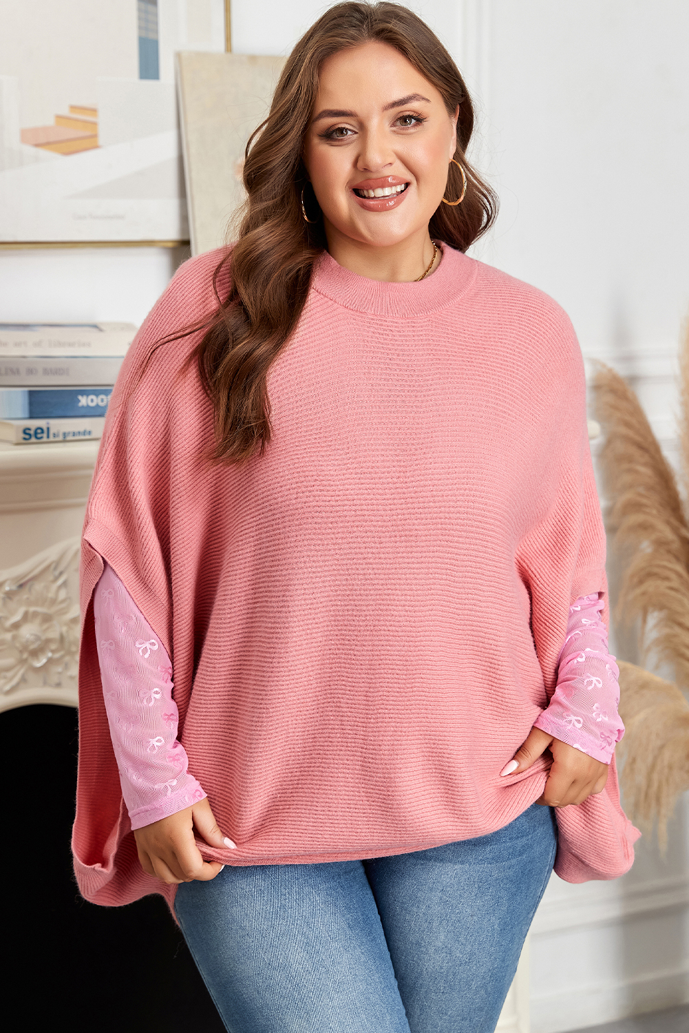 Light Pink Ribbed Knit Half Sleeve Plus Size Poncho Style Sweater - Image 3