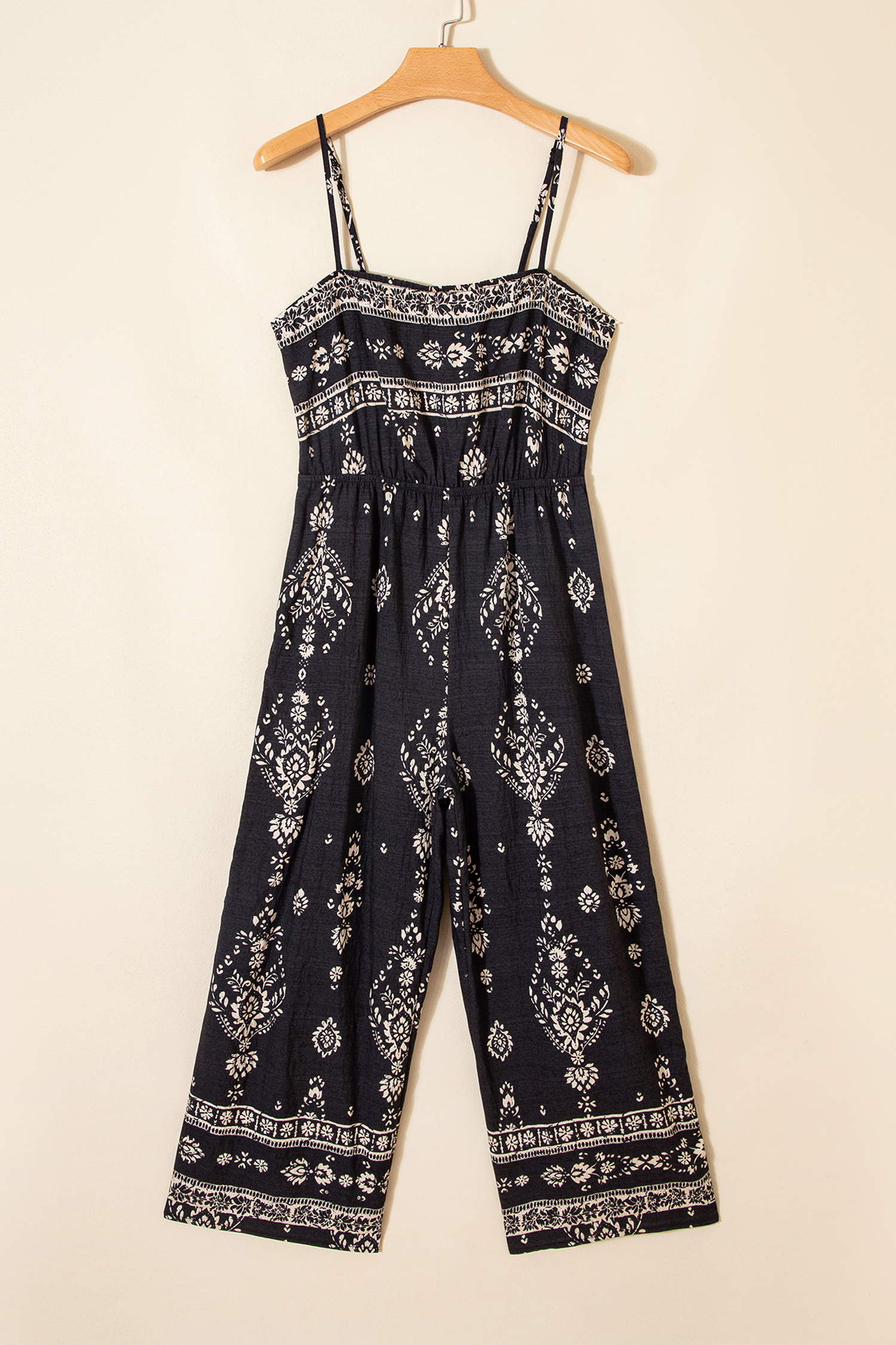 Black Spaghetti Straps Elastic Waist Loose Ethnic Print Jumpsuit - Image 8