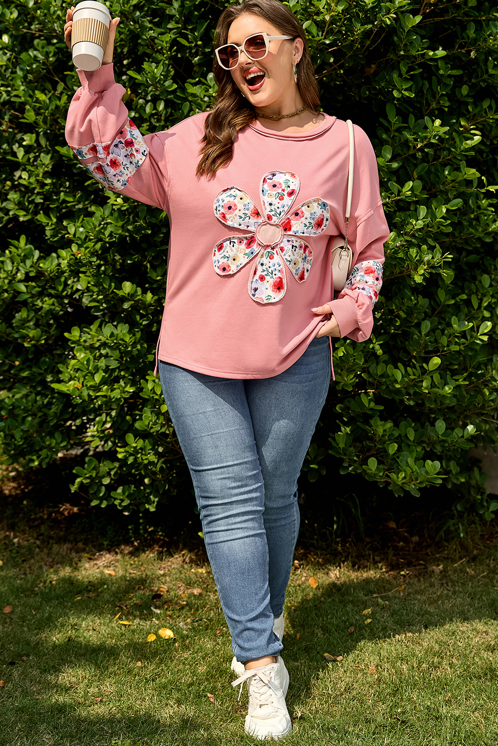 Peach Blossom Plus Size Floral Applique Drop Shoulder Sweatshirt - Image 6