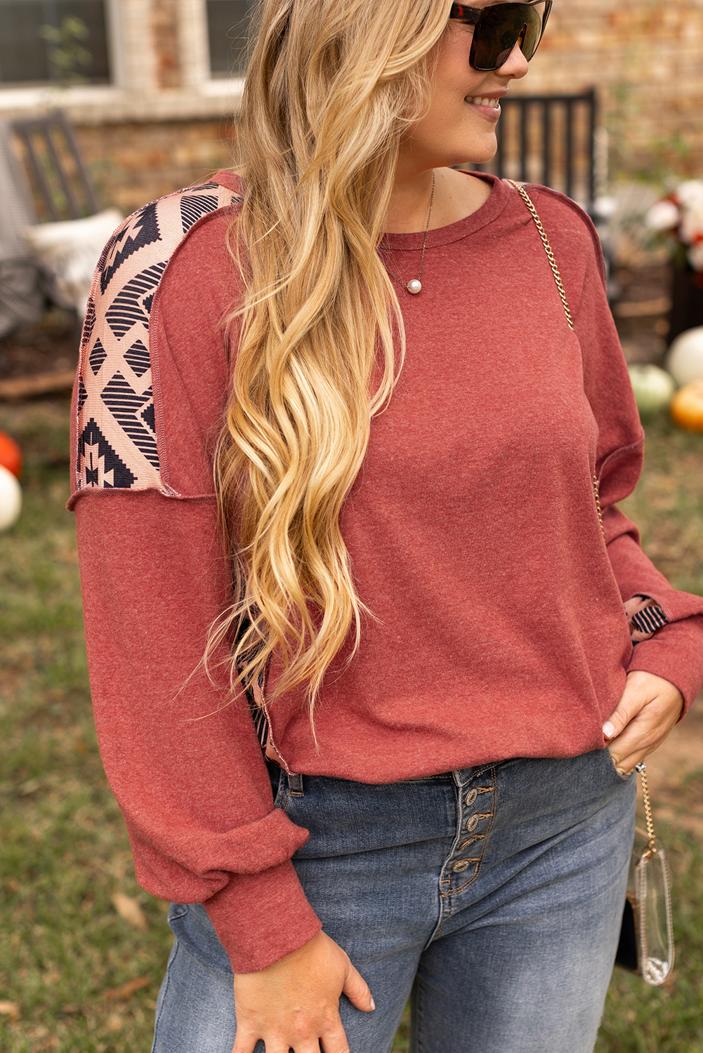 Redwood Burl Aztec Patchwork Drop Shoulder Plus Size High Low Sweatshirt - Image 4