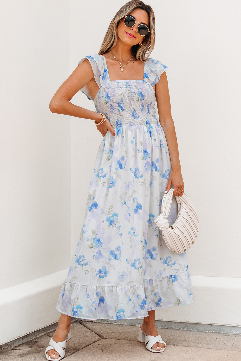 Sky Blue Floral Smocked High Waist Double Ruffle Sleeveless Long Dress - Image 4