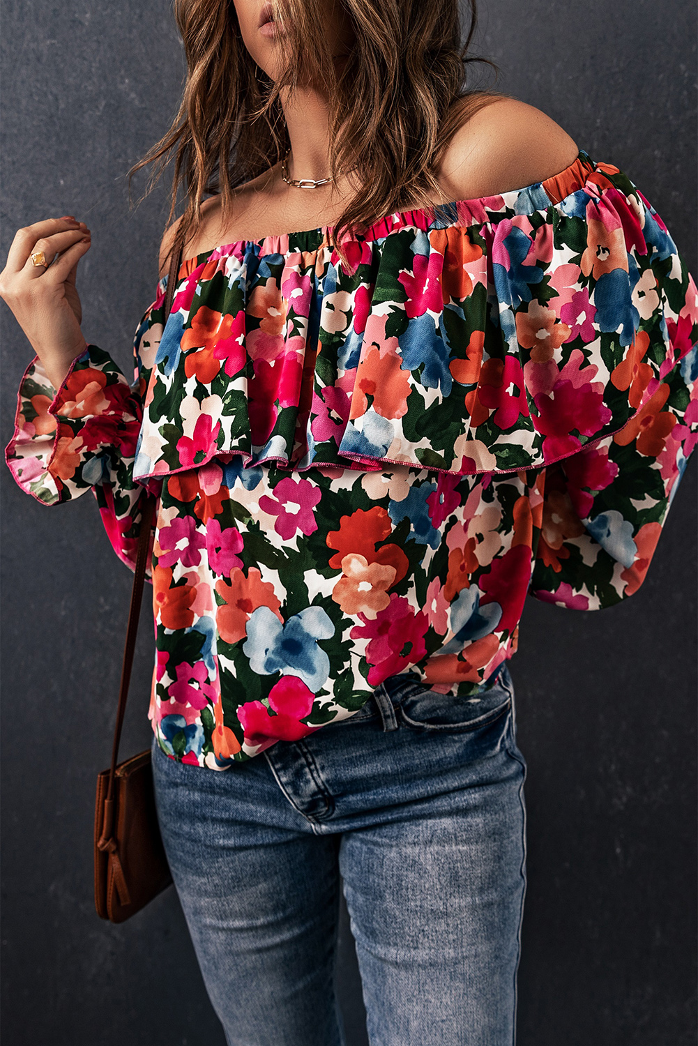 Floral Print Ruffled Off Shoulder Blouse - Image 4
