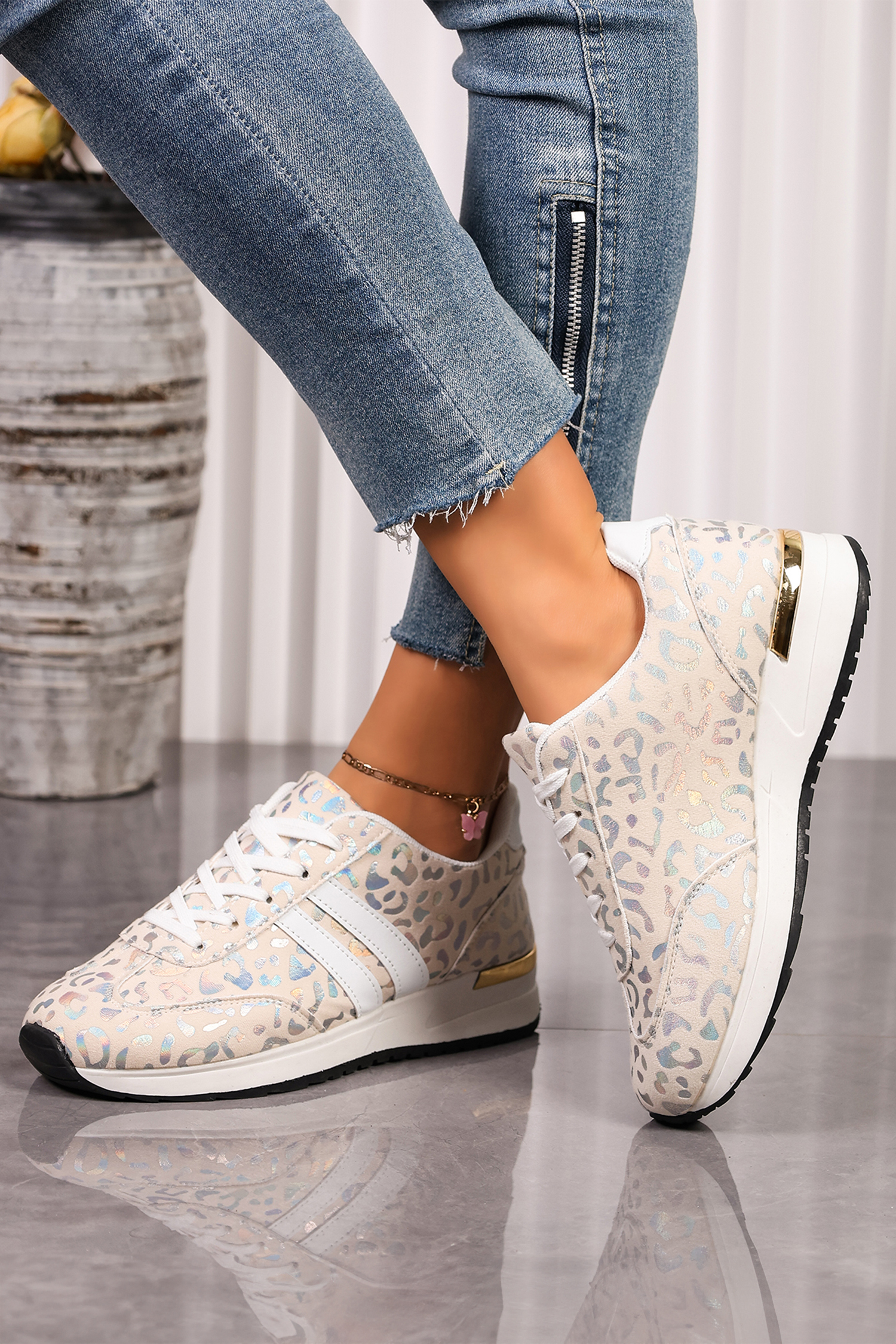 White Leopard Print Lace-Up Low-Top Sneakers with Rubber Sole - Image 3