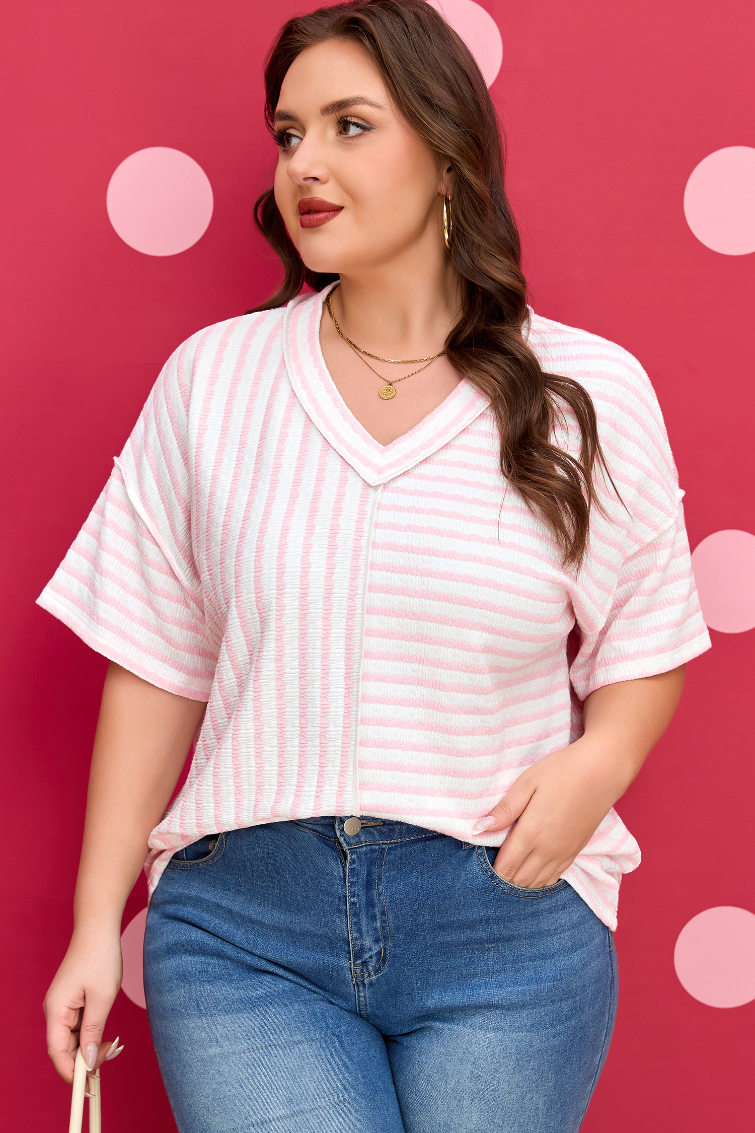 Pink Stripe Plus Size V Neck Exposed Seam Patchwork T Shirt - Image 3