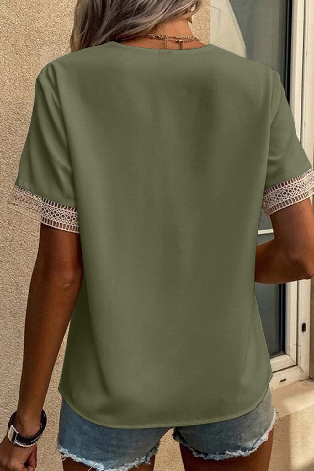 Black Lace Trim V Neck Short Sleeve Blouse - Image 8